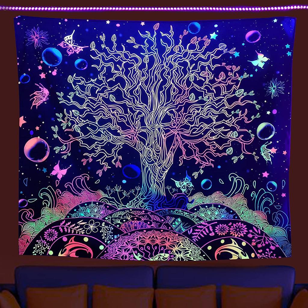 Tapeçaria fluorescente colorida psicodélica de luz negra da árvore da vida com resposta UV para pendurar na parede decoração de quarto hippie