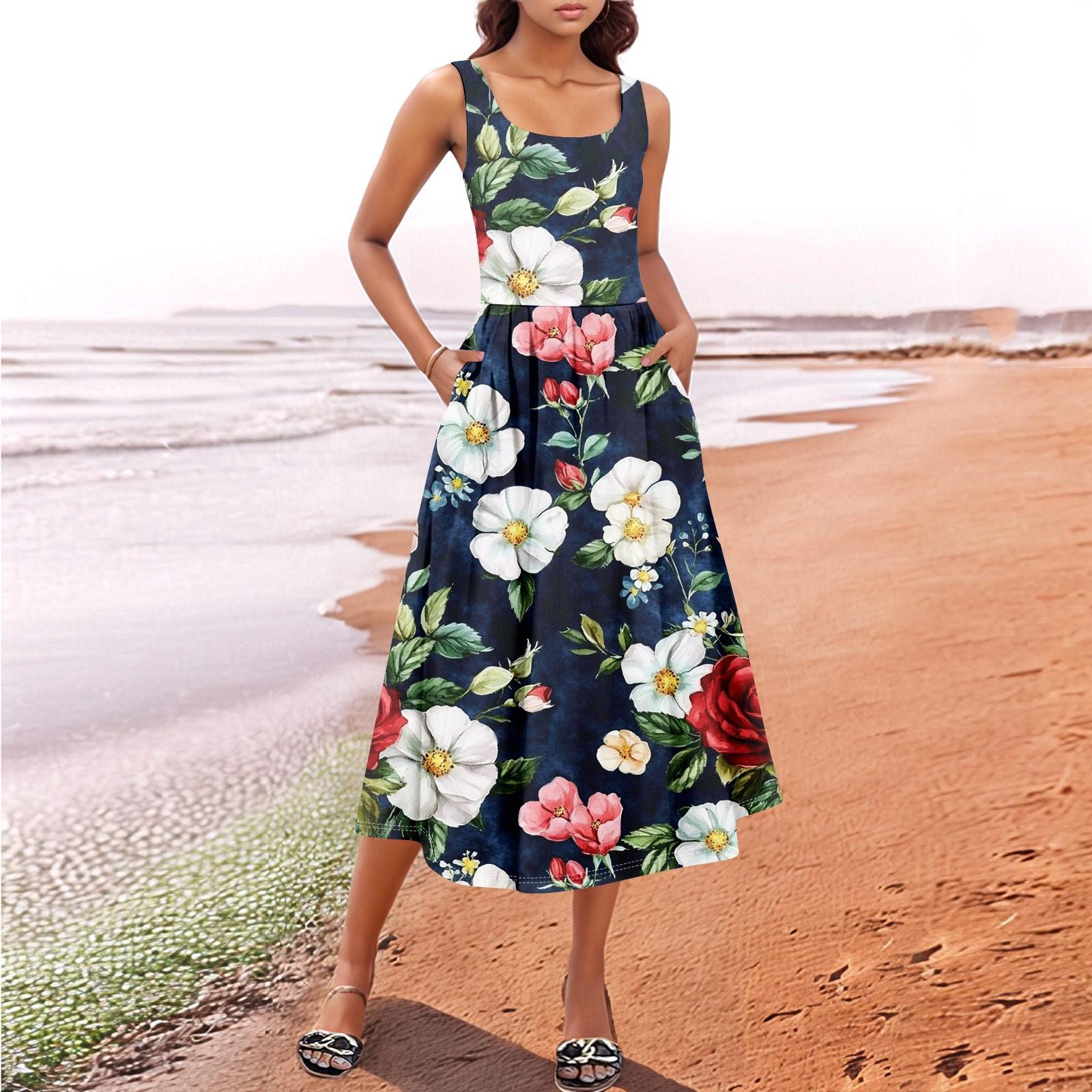 

Женский летний весенний повседневный цветочный сарафан без рукавов для пляжного отдыха струящиеся платья-майки миди в стиле бохо M