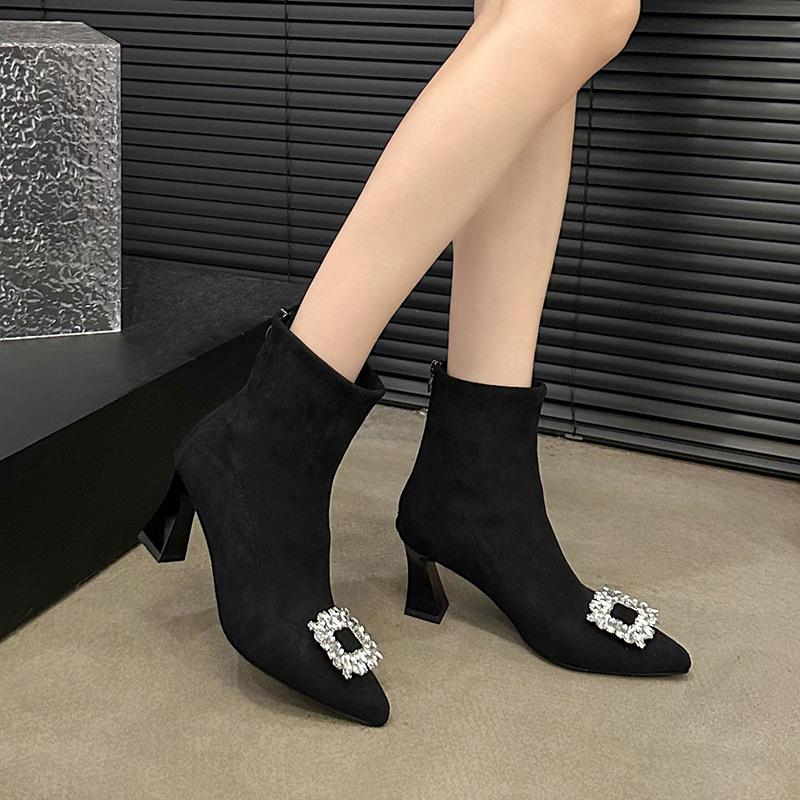 Temperament Large Size Pointed Short Boots Autumn Suede Thin Elastic Boots Thick Heel Rhinestone Metal Buckle Martin Boots