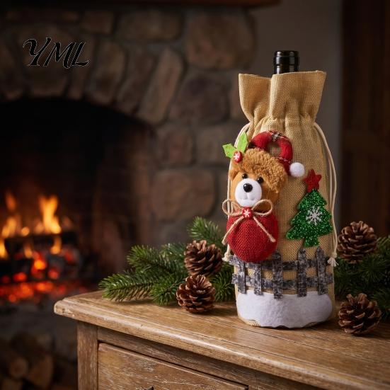 Decorative Wine Bottle Holders Christmas Cover, Santa Claus/Snowman/Elk/Bear Gift Bag with Sticker Decals, Holiday Winter Home Accents Party