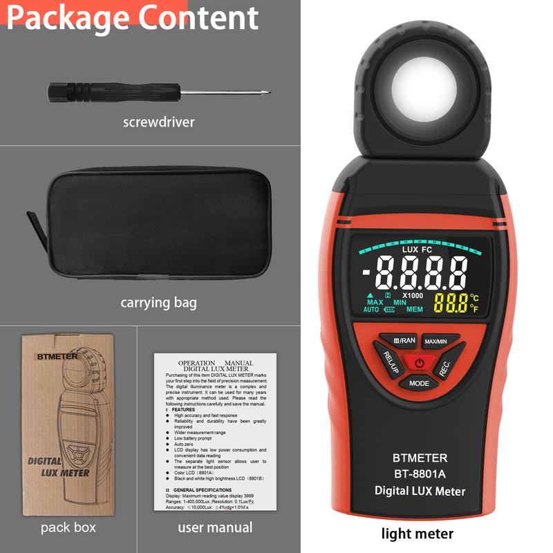 Přenosný tester intenzity světla, Rozsah měření 1-400 000 Lux, Digitální luxmetr BT-8801A, Fotometr okolního světla