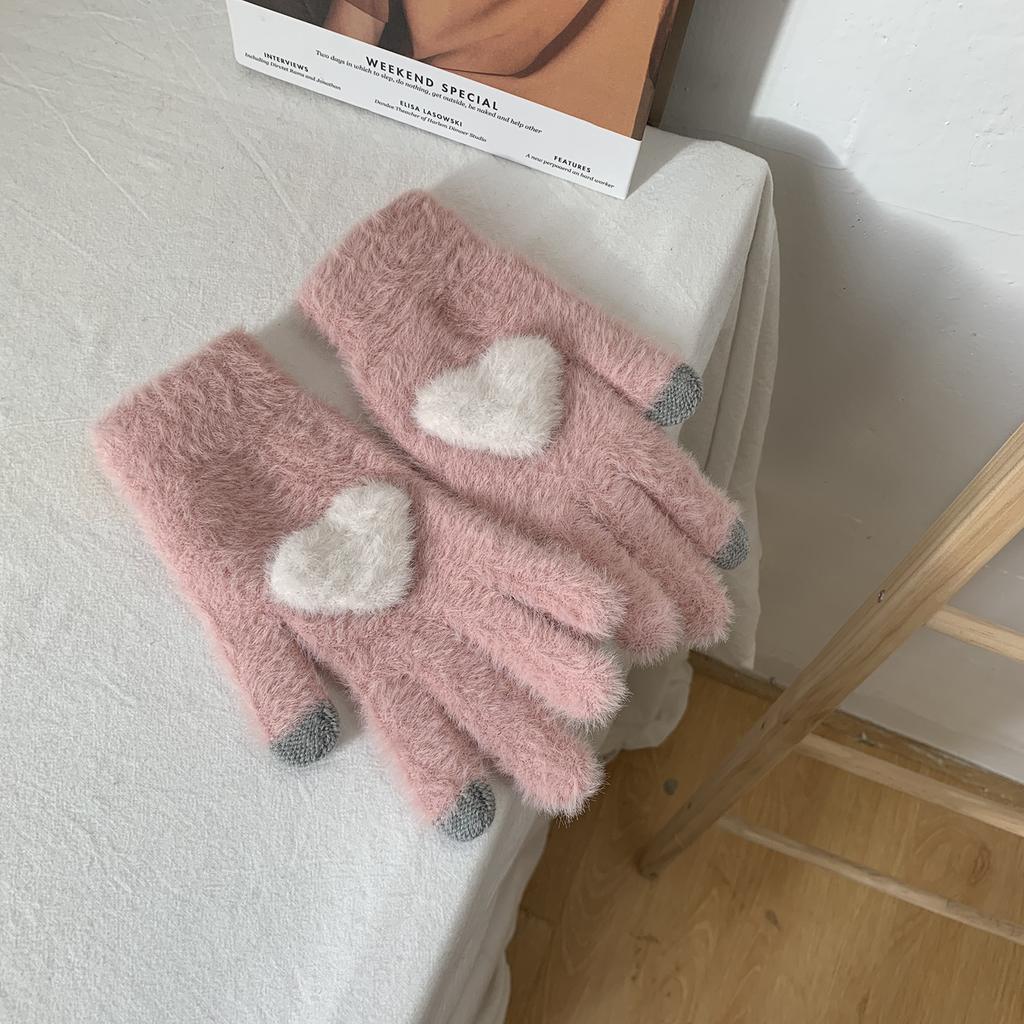 Plus Velvet Warm Touch Screen Gloves for Sweet Girls Korean Style Cute Knitted Wool Split Finger Cycling for Cold Proof Students