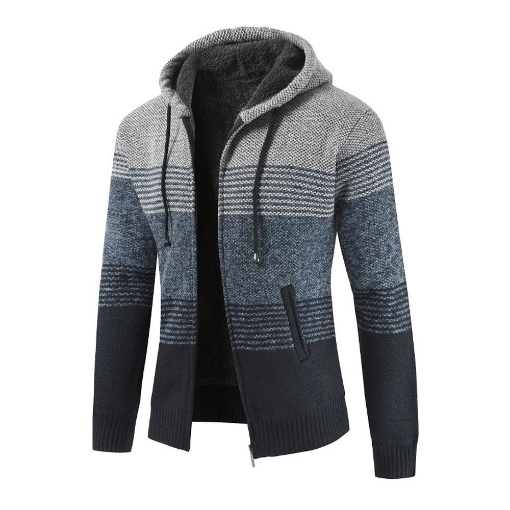 Mens Winter Cardigan Striped Zipper Hoodie Outwear Tops Sweater Blouse Coats