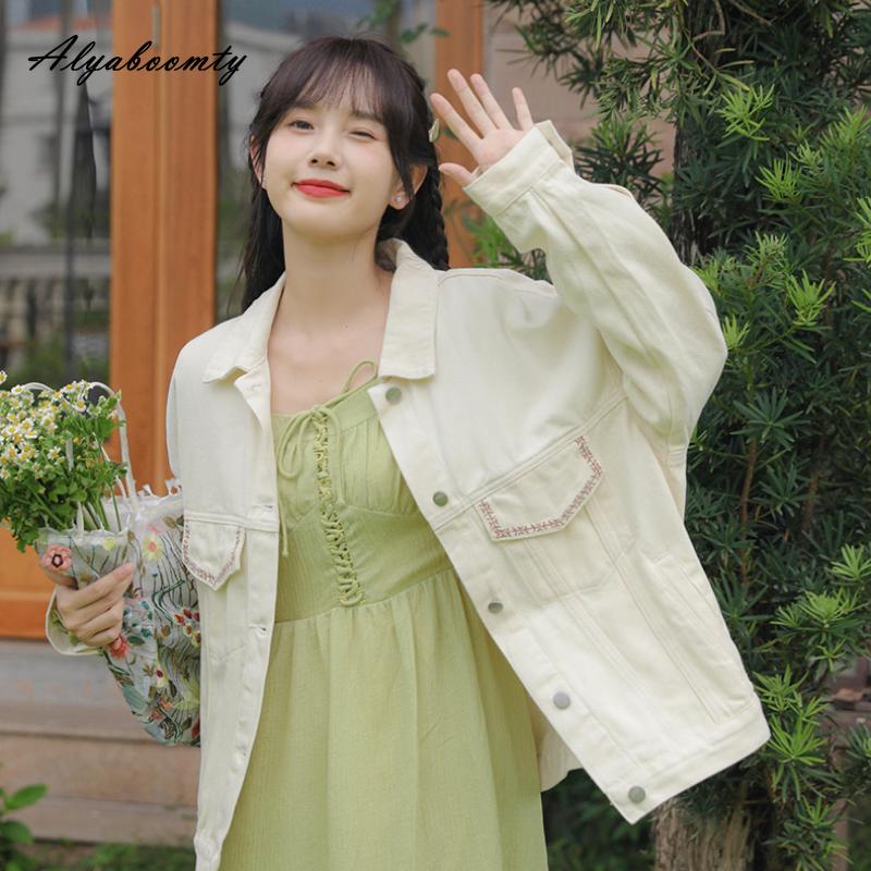 Japanischer Preppy-Stil Frühling Herbst Damen Oversize Mantel Umlegekragen Aprikose Lockere Jacke Blumenstickerei Chic Oberbekleidung