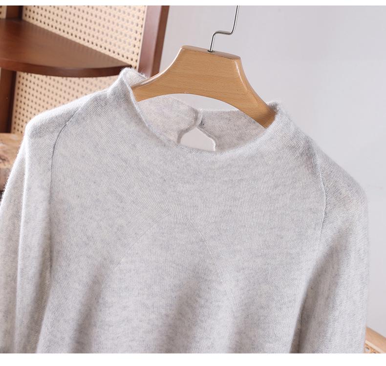 Women's Pure Cashmere Batwing Sleeve Pullover with Rolled Hem and Half-High Neck - Autumn & Winter Style