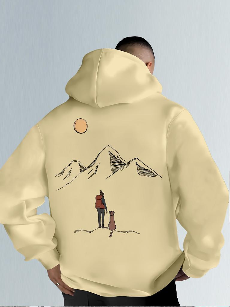 Men's Hooded Sweatshirt with Mountain Map Pattern on The Back. Warm Winter Hooded Pullover Suitable for Hiking Camping Daily Use