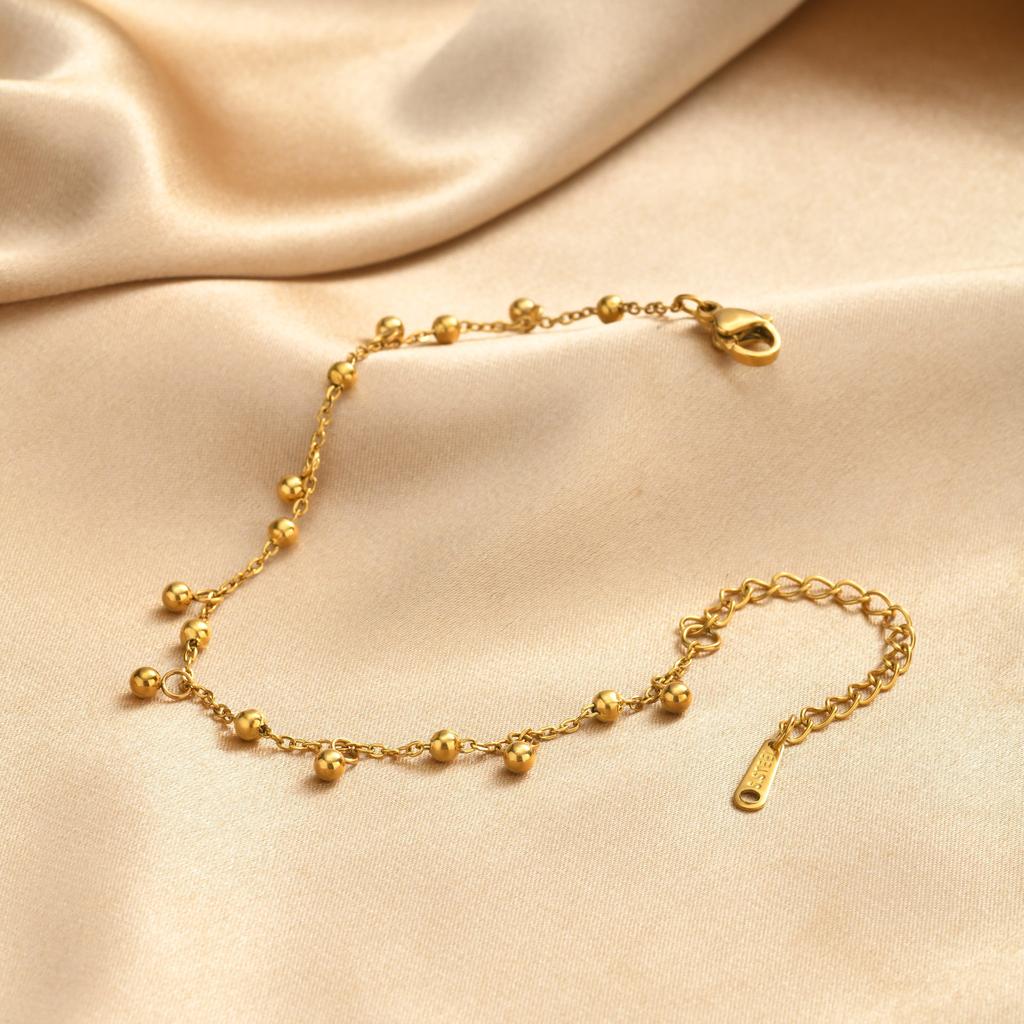 Minimalist Dangling Ball Charm Chain Bracelet 18K Gold Plated Stainless Steel Adjustable Size Daily Wear Jewelry for Female