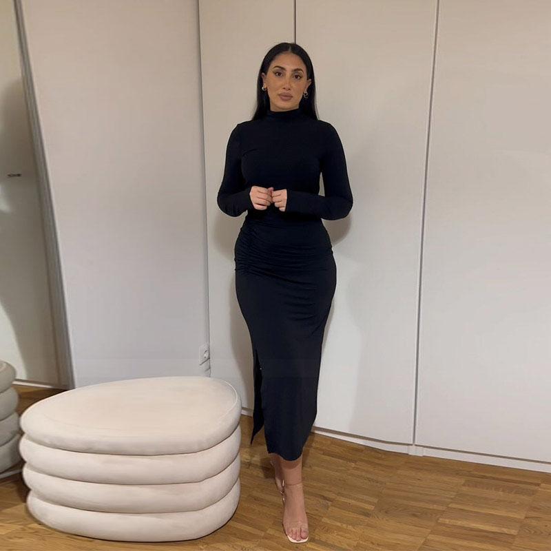 Sexy Mock Neck Side Split Long Dresses Women Slim Elegant Long Sleeved Package Hip Dress Spring Solid Evening Party Robes