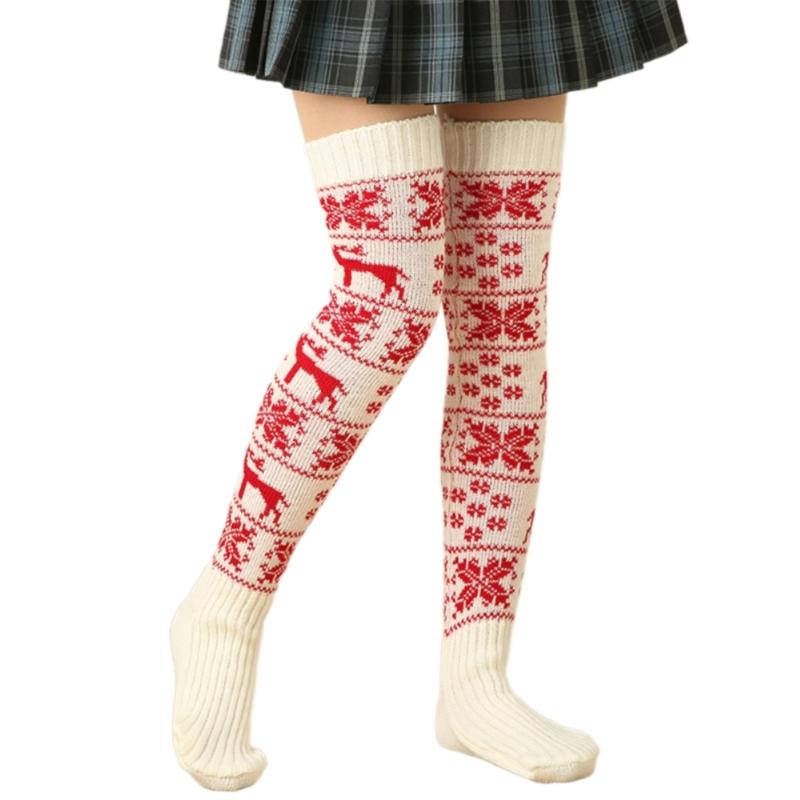 Christmas Festival Patterned Thigh High Socks Womens Winter Fashion Knitted Over Knee Long Stockings Leg Warmers Hosiery