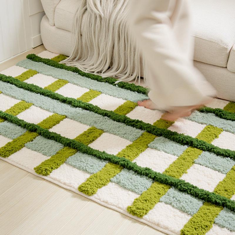 Covor Lung Pentru Living Absorbant Ușor de Întreținut Covoraș pentru Sofă Măsuță de Cafea Design Minimalist în Carouri Covor Pluș Răcoros și Izolant Pentru Uz Casnic