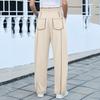 Calças Elásticas de Cintura Alta para Mulheres Caimento Casual Perna Larga Calças Compridas Calças Com Bolsos