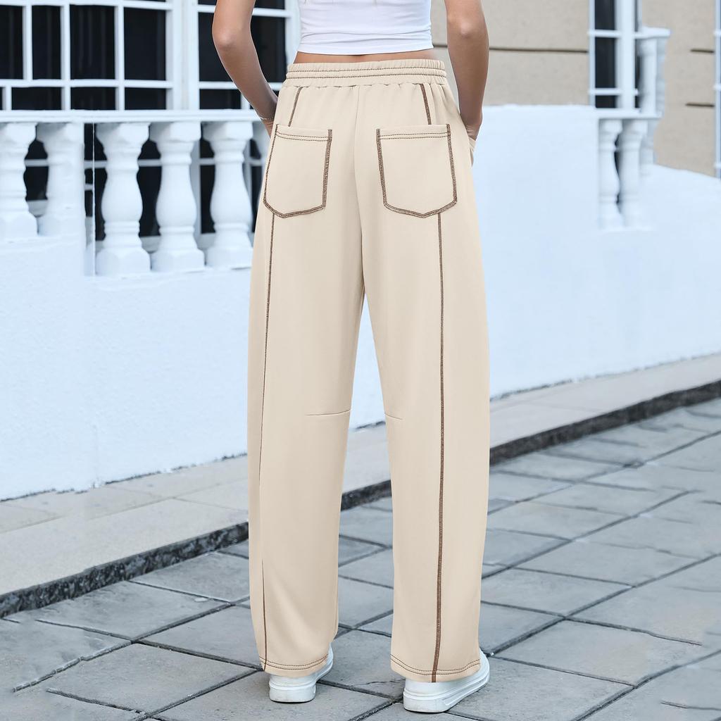 Calças Elásticas de Cintura Alta para Mulheres Caimento Casual Perna Larga Calças Compridas Calças Com Bolsos