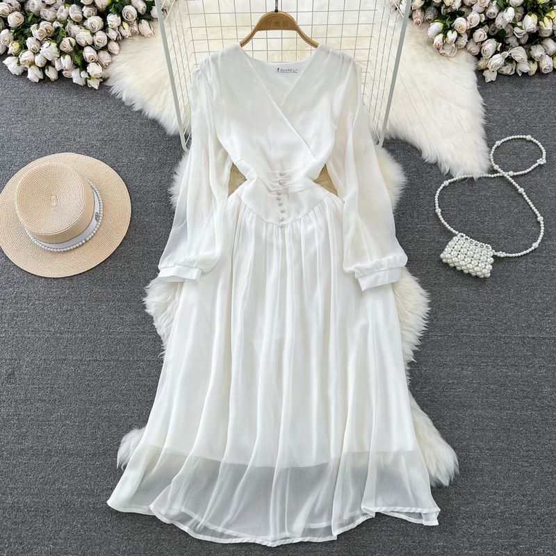 Spring and Autumn French Tea Break First Date Bubble Chiffon Dress