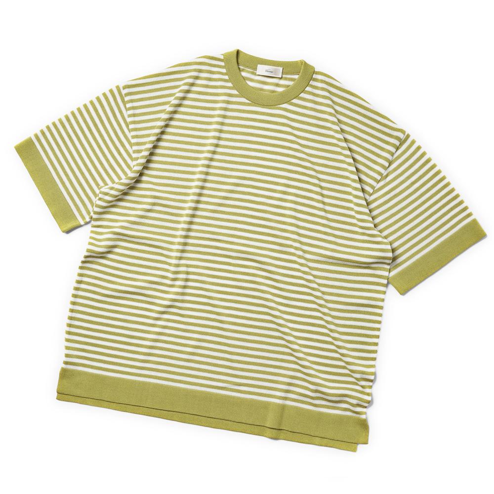 Berno [Casual] Linen Like Short Sleeve Stripe Round Knit Lime&White L