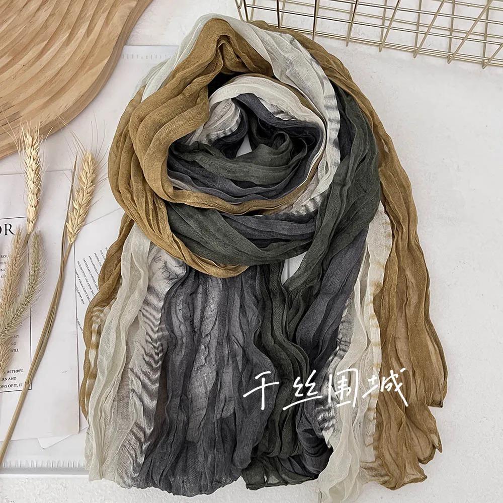 New Scarf Cotton Hemp Hand Feel Gradient Blue Autumn Winter Retro Versatile Printed Women's Long Fold Shawl Soft Fashionable