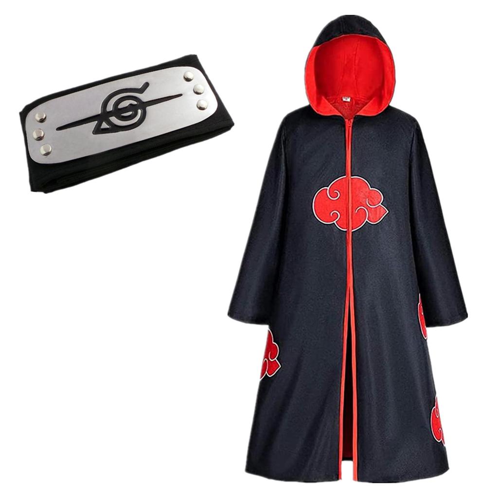 Akatsuki Red Cloud Cloak Set: Includes Naruto Cloak, Ring, Headband Accessories - Perfect for Halloween Costume