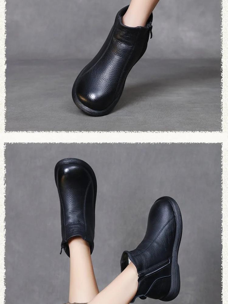 Johnature Genuine Leather Soft Soled Short Boots For Women Versatile Round Toe Warm Cotton Boots