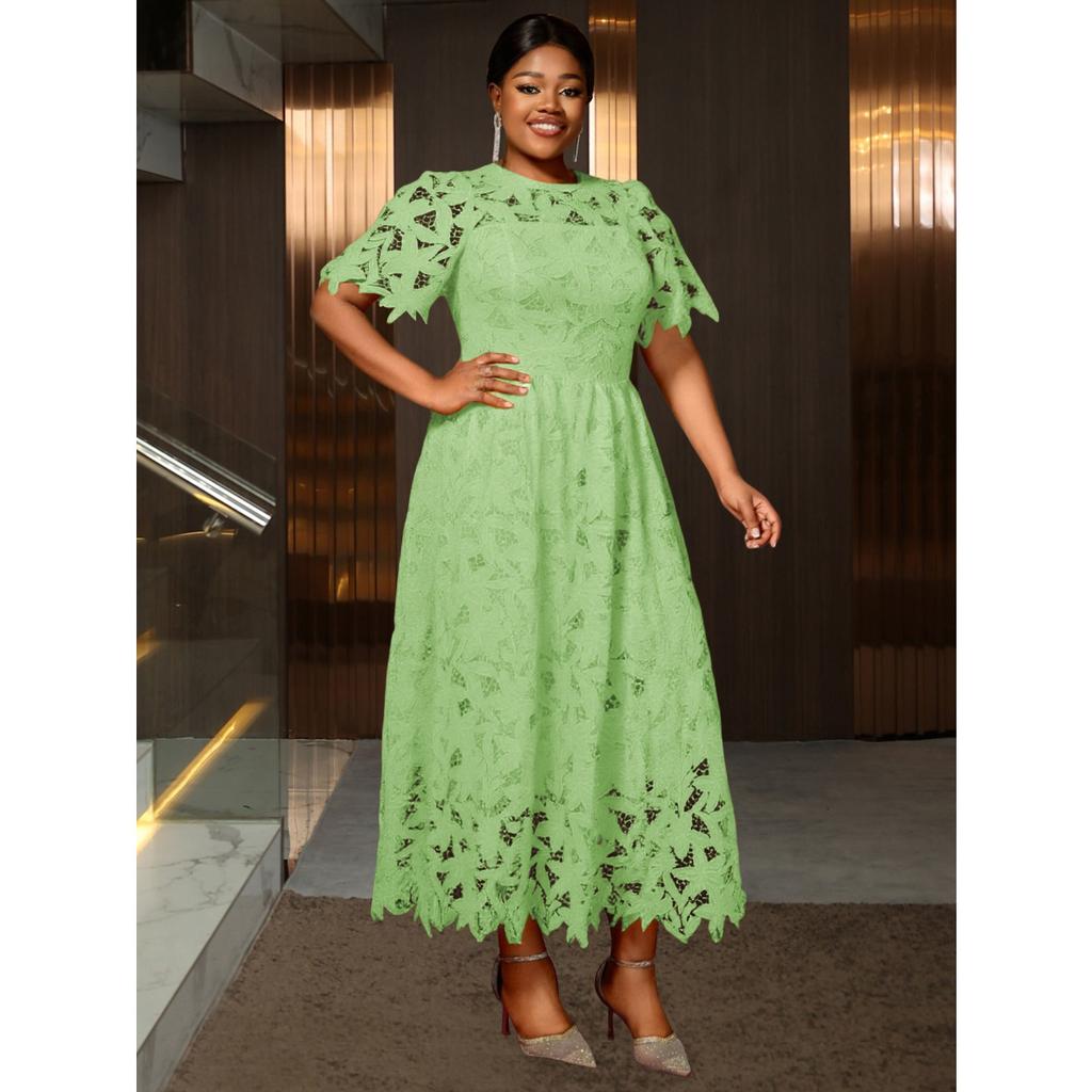 Plus Size Dames Elegante Kant Midi Jurk, Ronde Hals Uitgesneden Taille Ingesnoerd Feest Cocktail Avondjurk