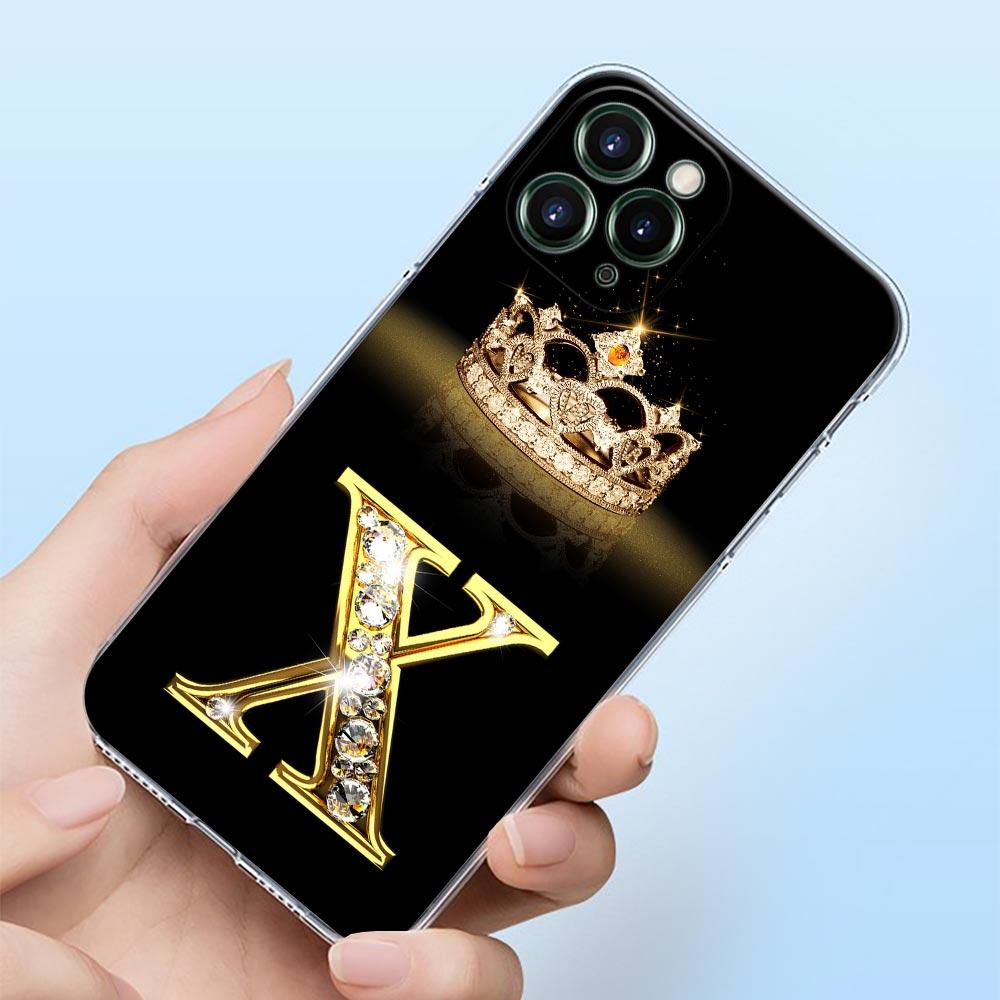 Diamond Crown First Initials Letter N T Z Shell Case for iPhone 15 16 11 12 13 14 Pro Max Mini 16 Plus Transparent Cover Fundas