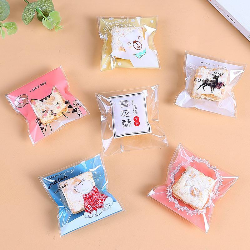 100Pcs 7x7+3cm Small Plastic Cartoon Self-Adhesive Bakery Packaging Cookie Snack Candy Bags Xmas Party Gift