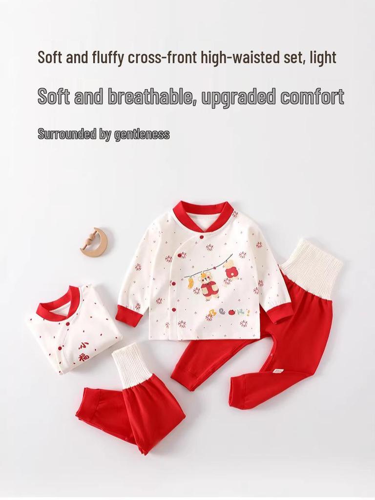 Children's High-Waisted Cotton Tummy Protection Set - Autumn/Winter Top & Pants for Infants, Red New Year's Outfit