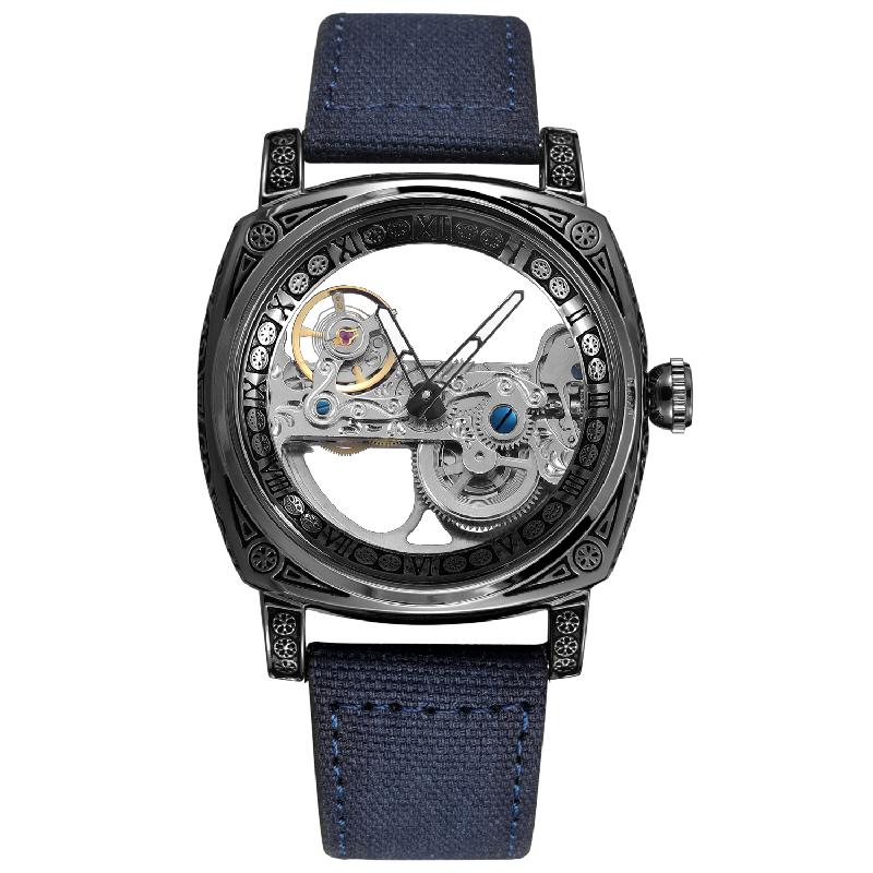 FORSINING Automatic Men Watch Mechanical Bridge Skeleton Transparent Luxury Vintage Cushion Case Suede Leather Male Dress Watch