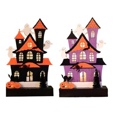 Halloween Party Wood Sign LED Lighted Ghostly Haunted Houses Decors Pumpkin Ornament with Realistic Detail Table Decors
