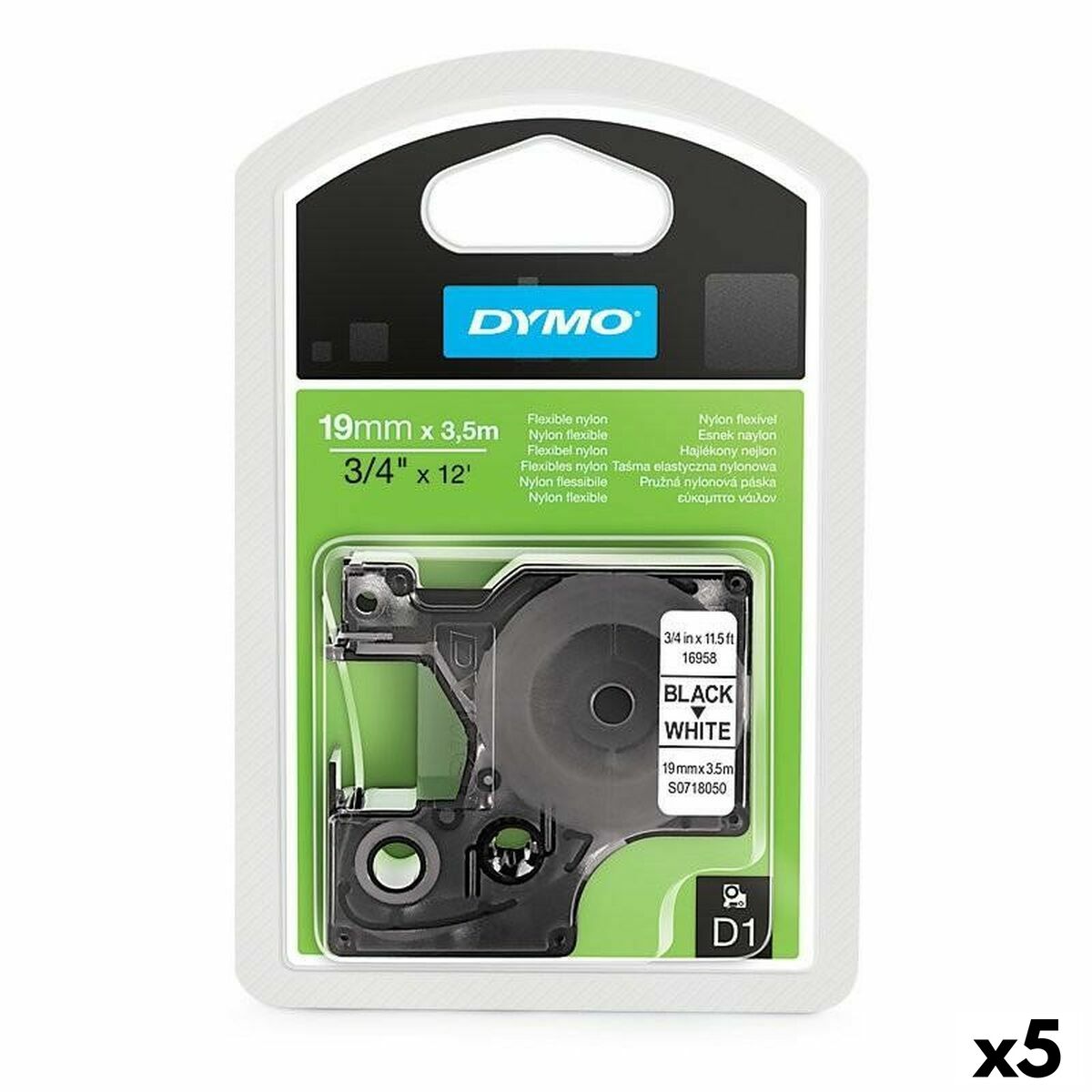 

Лента для термопереноса Dymo D1 16958 19 мм x 3,5 м, черный, белый, нейлон (5 единиц) TU прозрачный