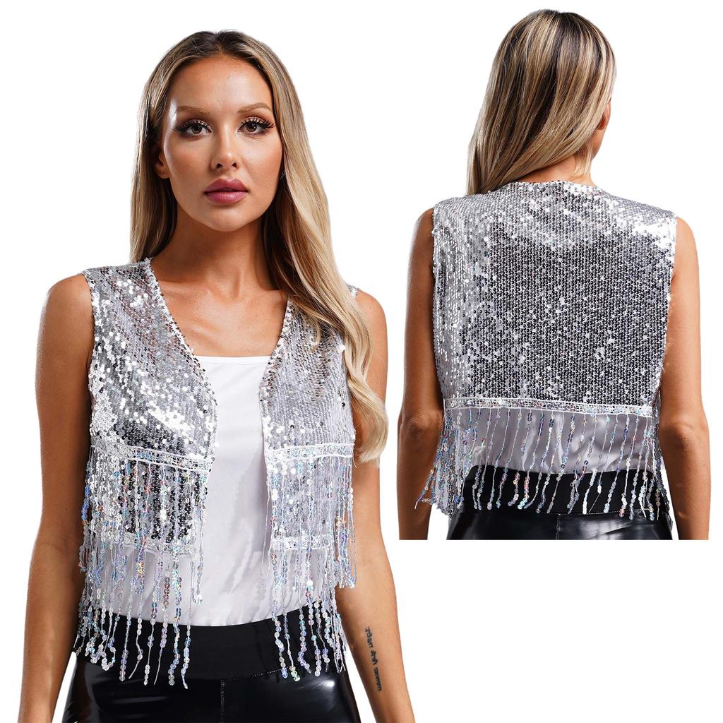 Damen 70er Jahre Disco Cowgirl Weste S-XL: Glänzende Pailletten-Weste mit Fransen, Offene Vorderseite, Vintage Western Party Kostüm