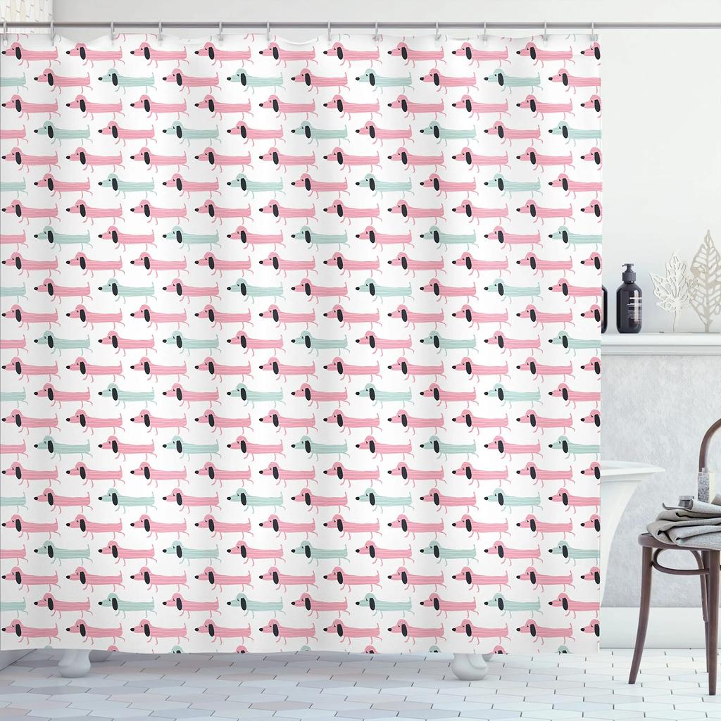 Dachshund Cartoon Dog Shower Curtain Polyester Waterproof Curtain Geometric Striped Kids Bath Curtain Home Decor with 12 Hooks