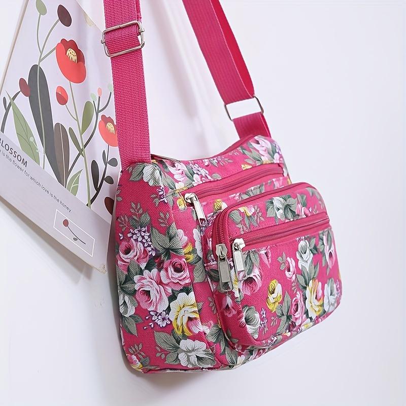 Borsa a tracolla da donna con classico motivo floreale, chiusura a zip, borsa da shopping casual, accessorio da viaggio, portamonete alla moda, borsa a tracolla elegante