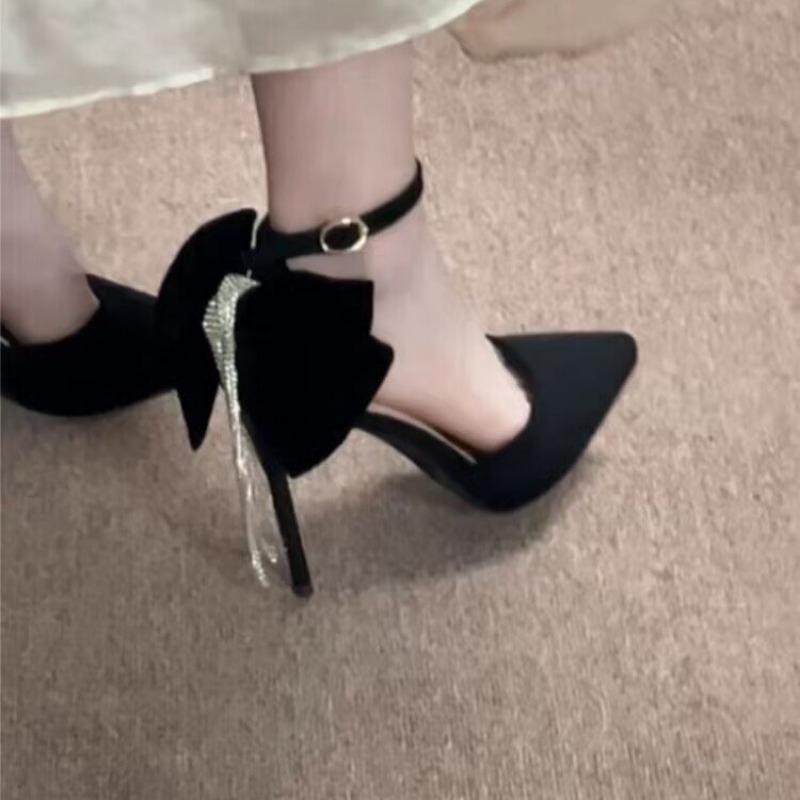 Fashion Women's Slim Heel Shoes Autumn New Pointy Shallow Mouth After The Suede Butterfly Knot Anti-slip Wear-resistant High Heels
