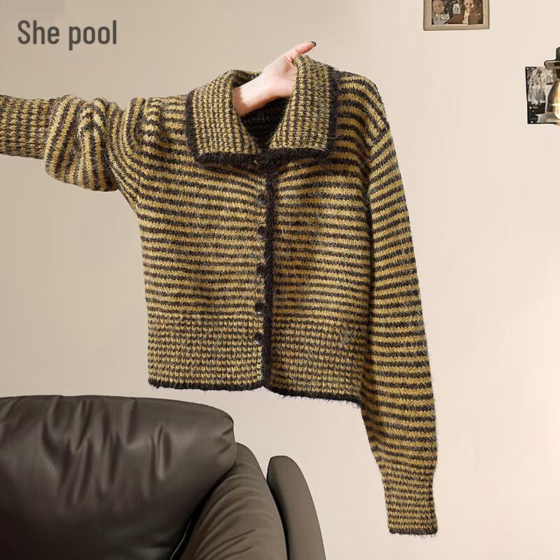 

Women s Soft Wool Blend Striped Lapel Knit Cardigan One Size