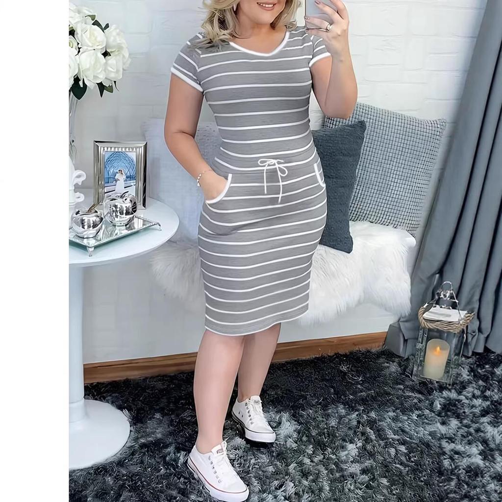 2026 Summer Commuter Belted Striped Plus Size Women's Dress