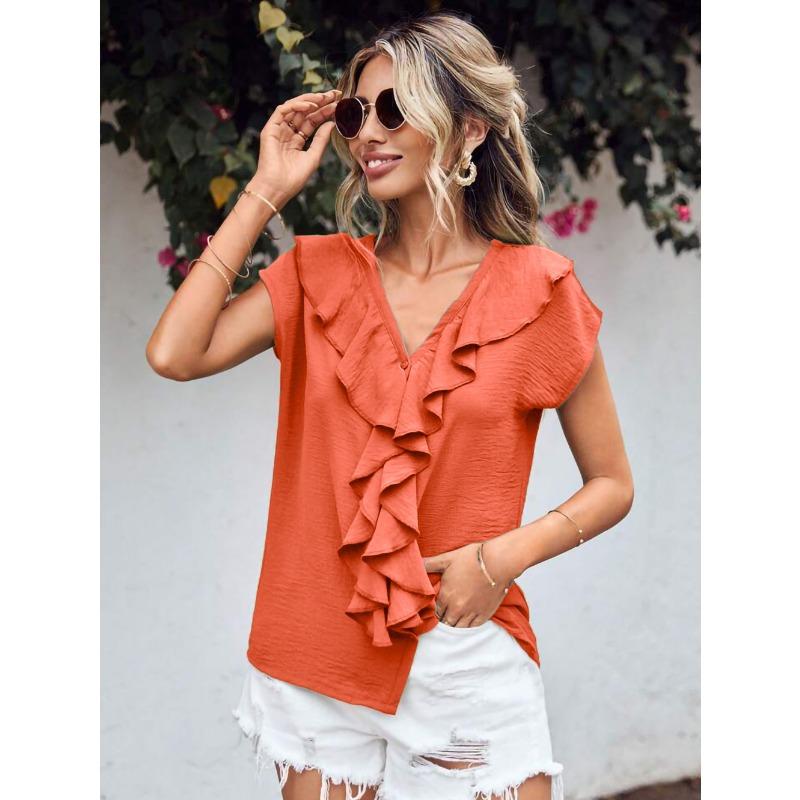 Camicetta da Donna Casual Estiva/Primaverile a Maniche Corte con Scollo a V e Stampa Monocolore