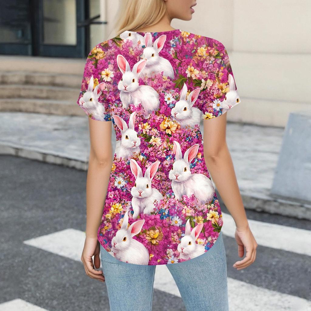 Women's Fashion V-Neck Short Sleeve Overalls With Pockets Easter Print Tops  Clothes