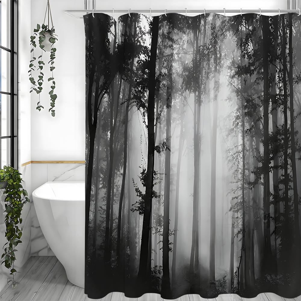 

Black Tree Shower Curtain, Black Misty Forest Bathroom Decorative Shower Curtain, Waterproof Shower Curtain with Hooks 90*180cm