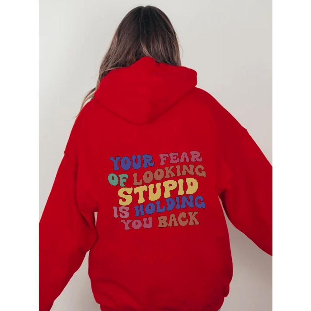 Women'S Shoulder Sleeve Fleece Sweater Plain Letter Print Kangaroo Pocket Drawstring Print Hoodie Clothing