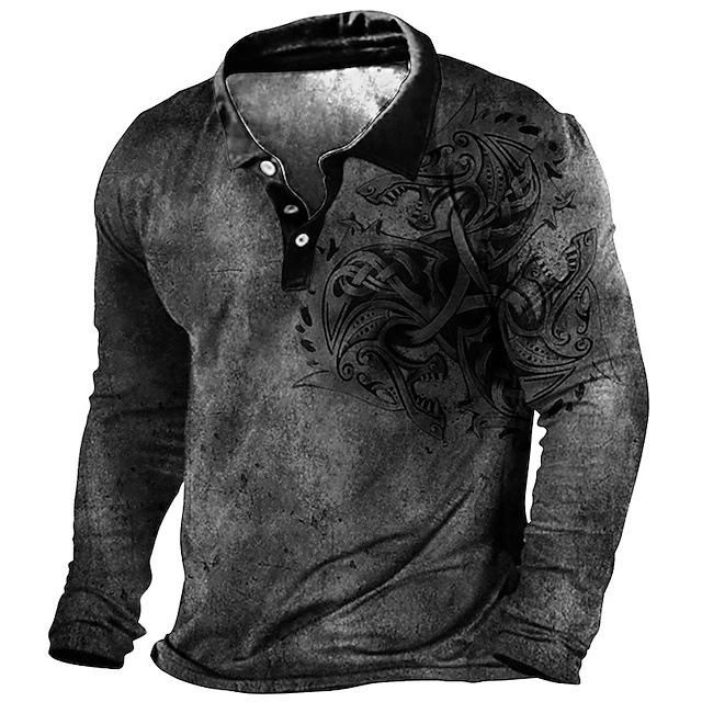 Vintage Tribal Print Long Sleeve Polo Shirt, Stylish Casual Men's Top