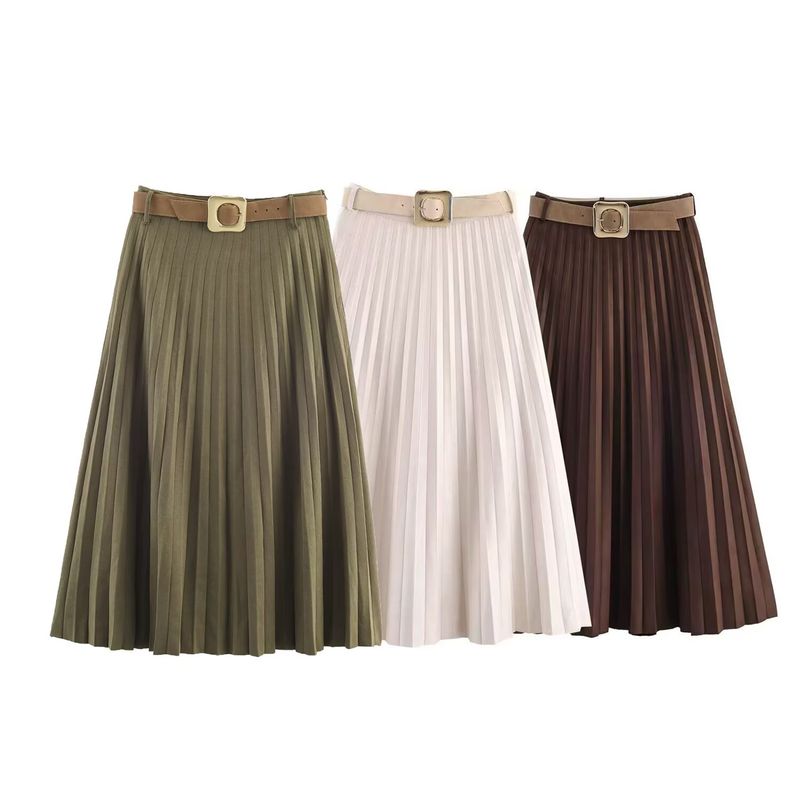 Za Autumn New Women's Clothing Zr European and American Style Fashion Belted Suede Pleated Midi Skirt 3046266