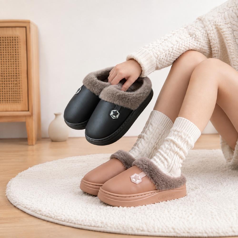 Unisex Closed-Toe House Slippers with Plush Lining, PU Upper, Thick EVA Sole and Slip-On Design for Indoor Winter Wear