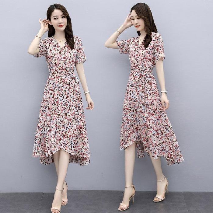 Large Size Women's Floral Dress, New Summer Temperament A-word Long Dress, Fat Sister High-end Ice Silk Skirt