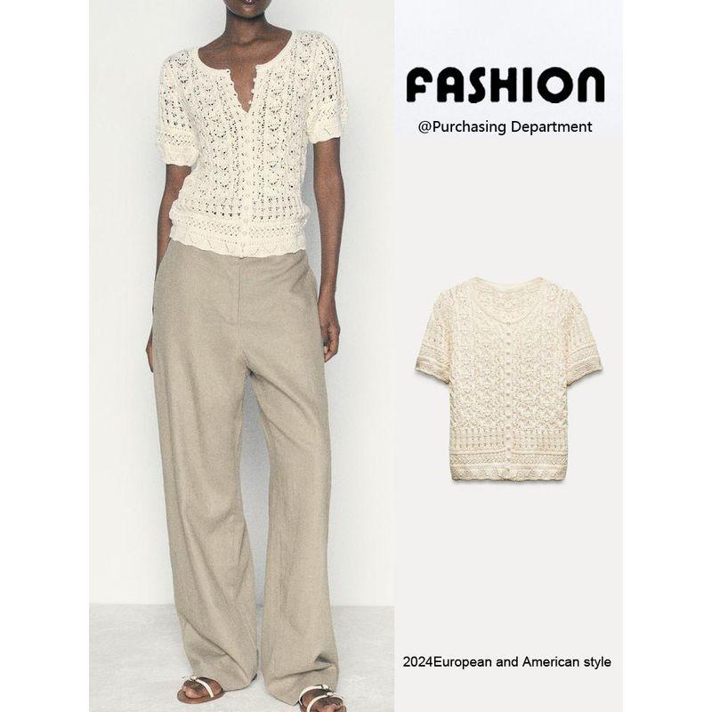 Za2024 Summer New Product Women's Clothes Artificial Pearl Decorated Row Button Mesh Knitting Short Sleeve Jacket 9598123 712