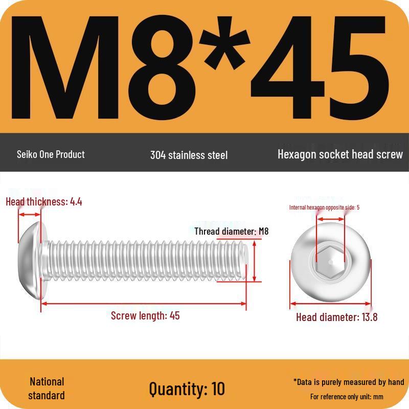 304 Stainless Steel Pan, Half, and Round Head Hexagon Screws (M2-M12)