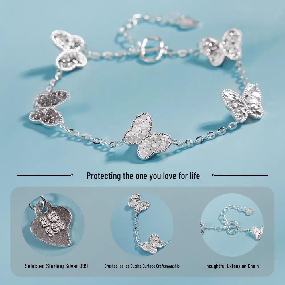 Sterling Silver 999 Crushed Ice Butterfly Bracelet for Women - Sparkly Fish Scales Design, New Style