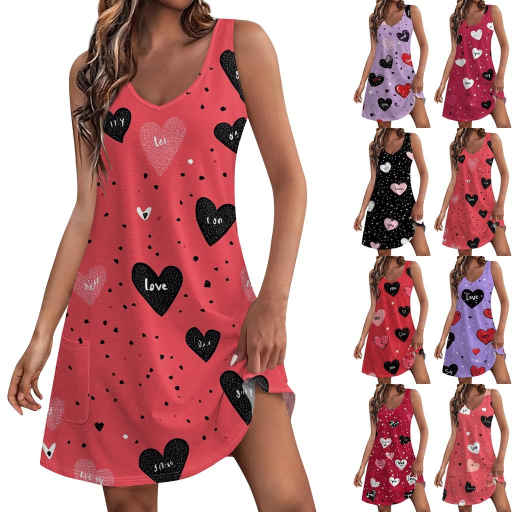 Women's Casual Fashion Valentine's Day Love Heart Printed Dress With Pockets