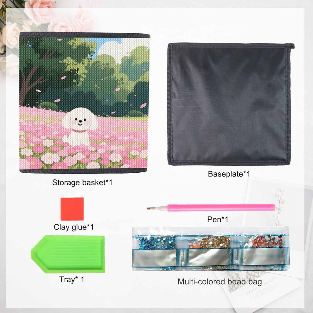 Der kleine Hund im Blumenbeet 5D Diamantmalerei Aufbewahrungskorb Voll Runde Bohrer Mosaik Diamantstickerei Kreuzstich-Sets Heimdekor Heimdekor