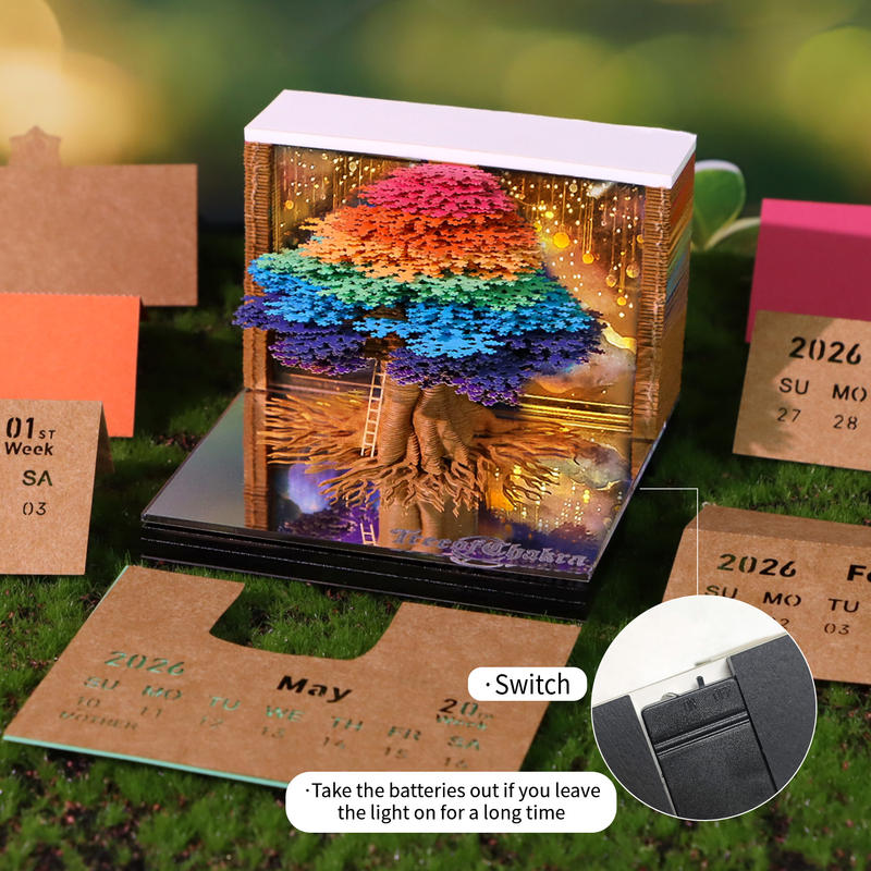 3D Chakra Tree Memo Pad, Rainbow Tree of Life Paper Craft Sticky Notes Cube with LED Light, Unique Office Gift