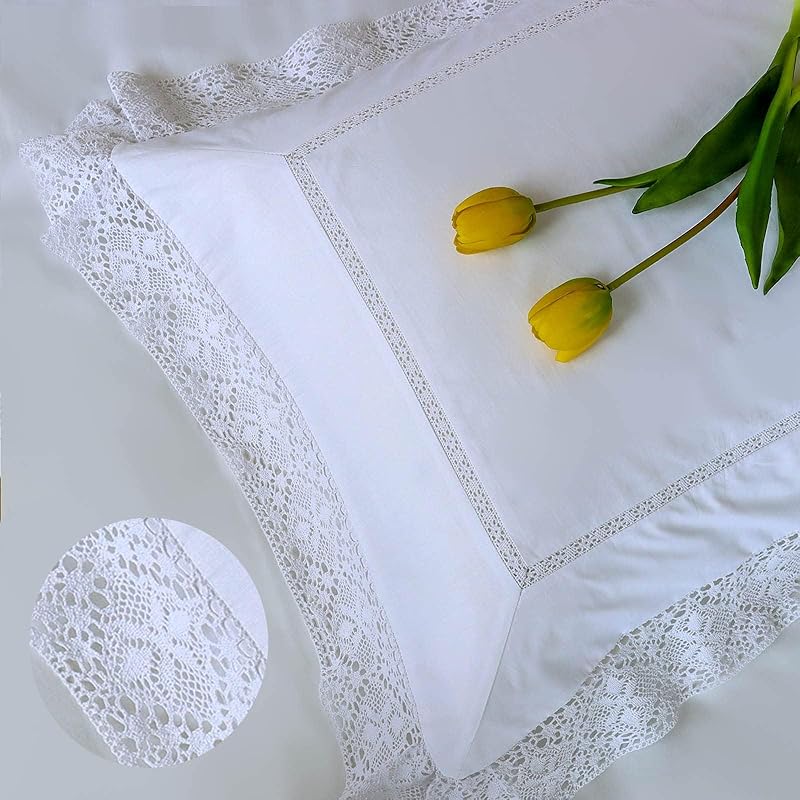 Set of 2 Lace Embroidery Pillow Cases, 100% Cotton Queen Size, White Good Feeling Pillow Covers with Envelope Closure, Softer and Breathable Pillow
