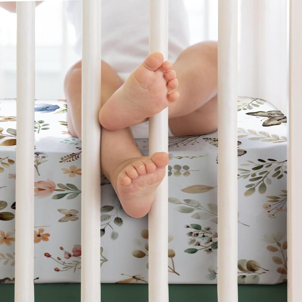 Retro Boho Floral Leaves Butterflies Baby Crib Sheet 52''x28'' Botanic Garden Spring Stretchy Fitted Crib Mattress Cover for Boy Girl Plants Soft